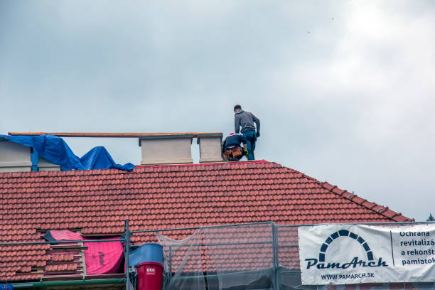 Nitra, Slovakia - 05.15.2023: Handymen repair chimneys on the roof of a house.